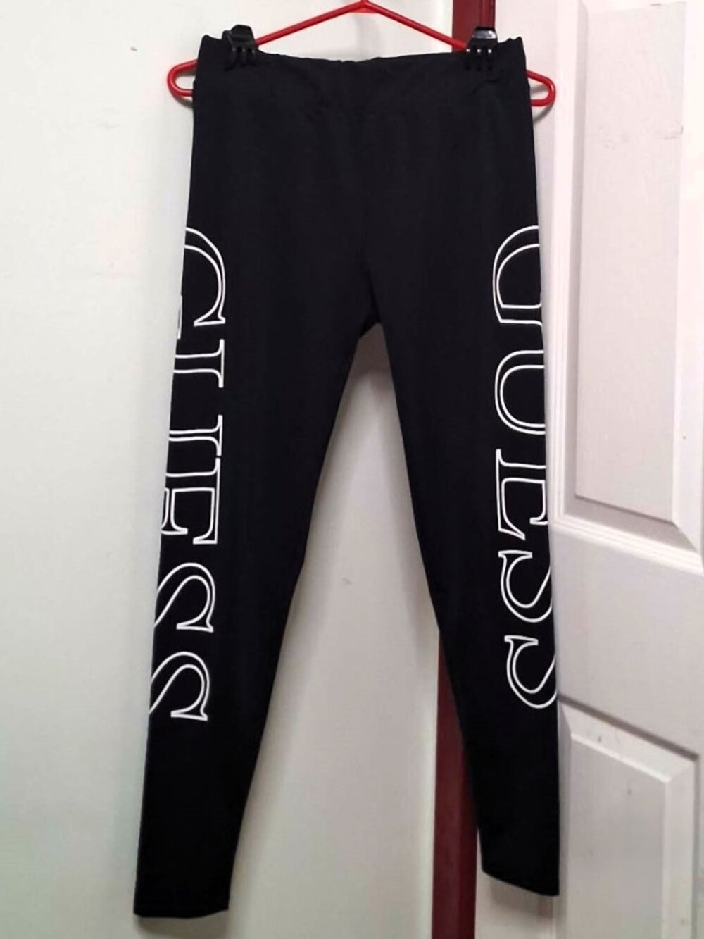 GUESS Los Angeles Black Leggings Big White Outline Spellout Logo Pants Excellent
